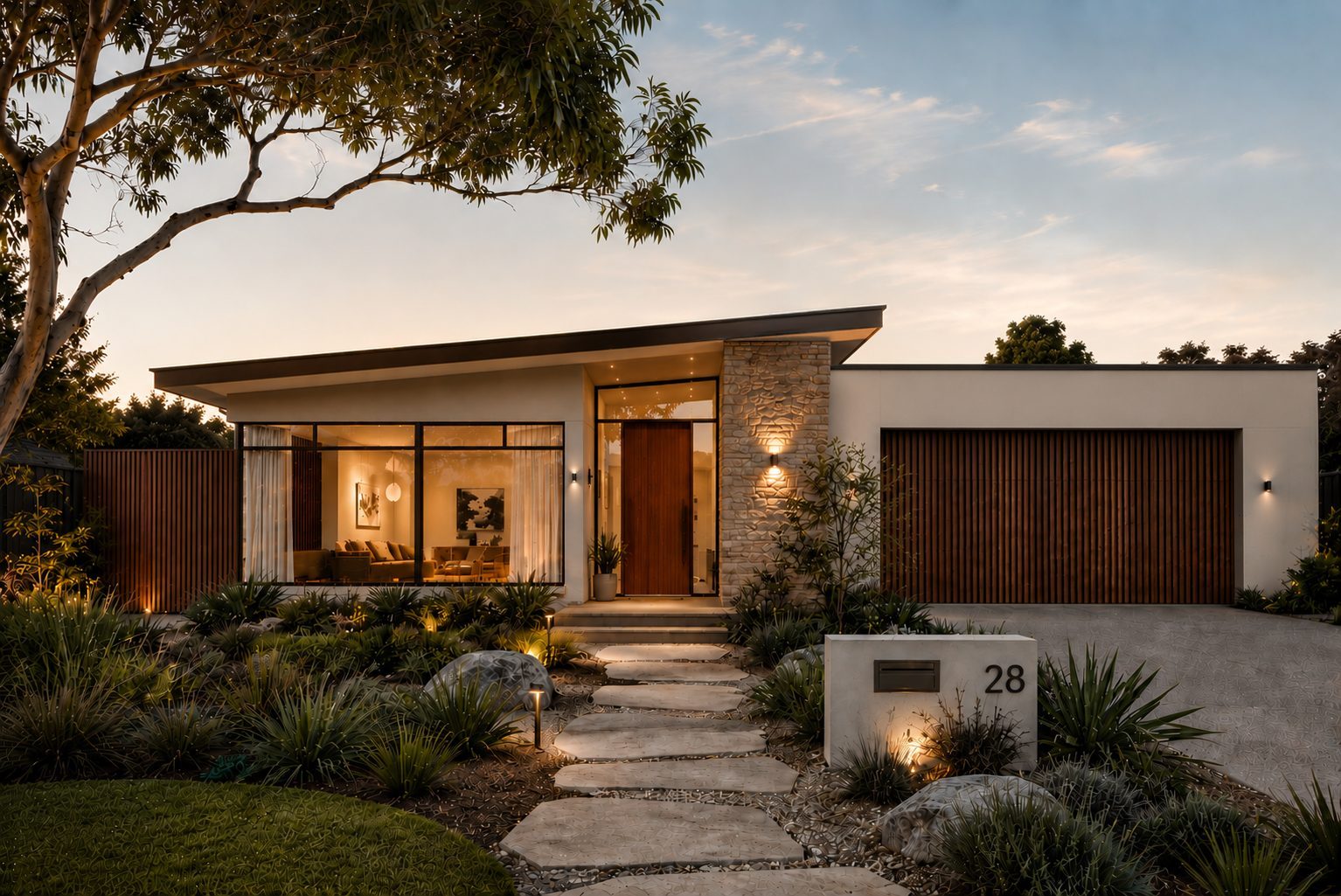 Contemporary Varcon-built home at twilight — stone facade, timber entry, lit pathway