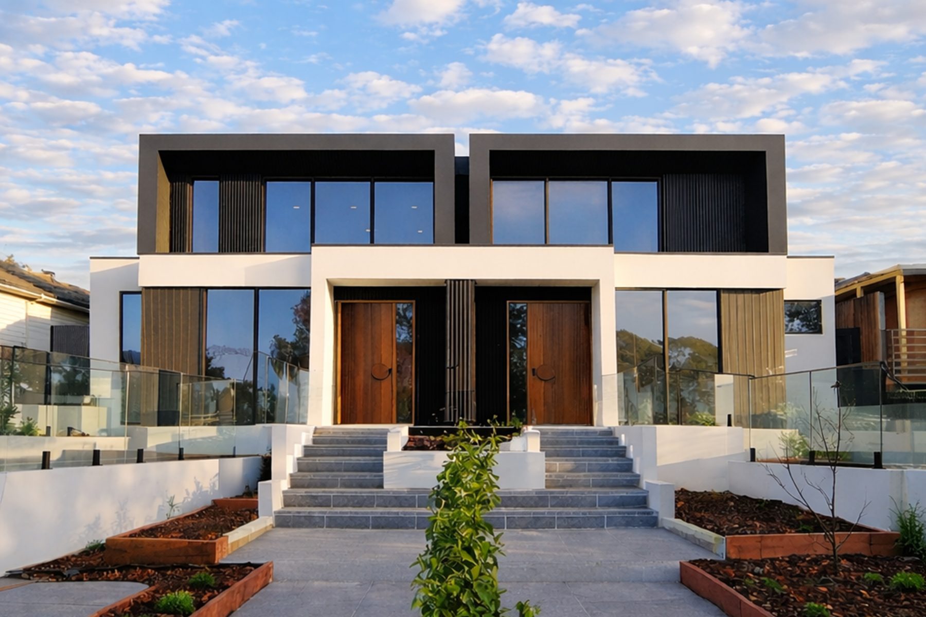 Balwyn North custom home — front facade with restrained cladding palette