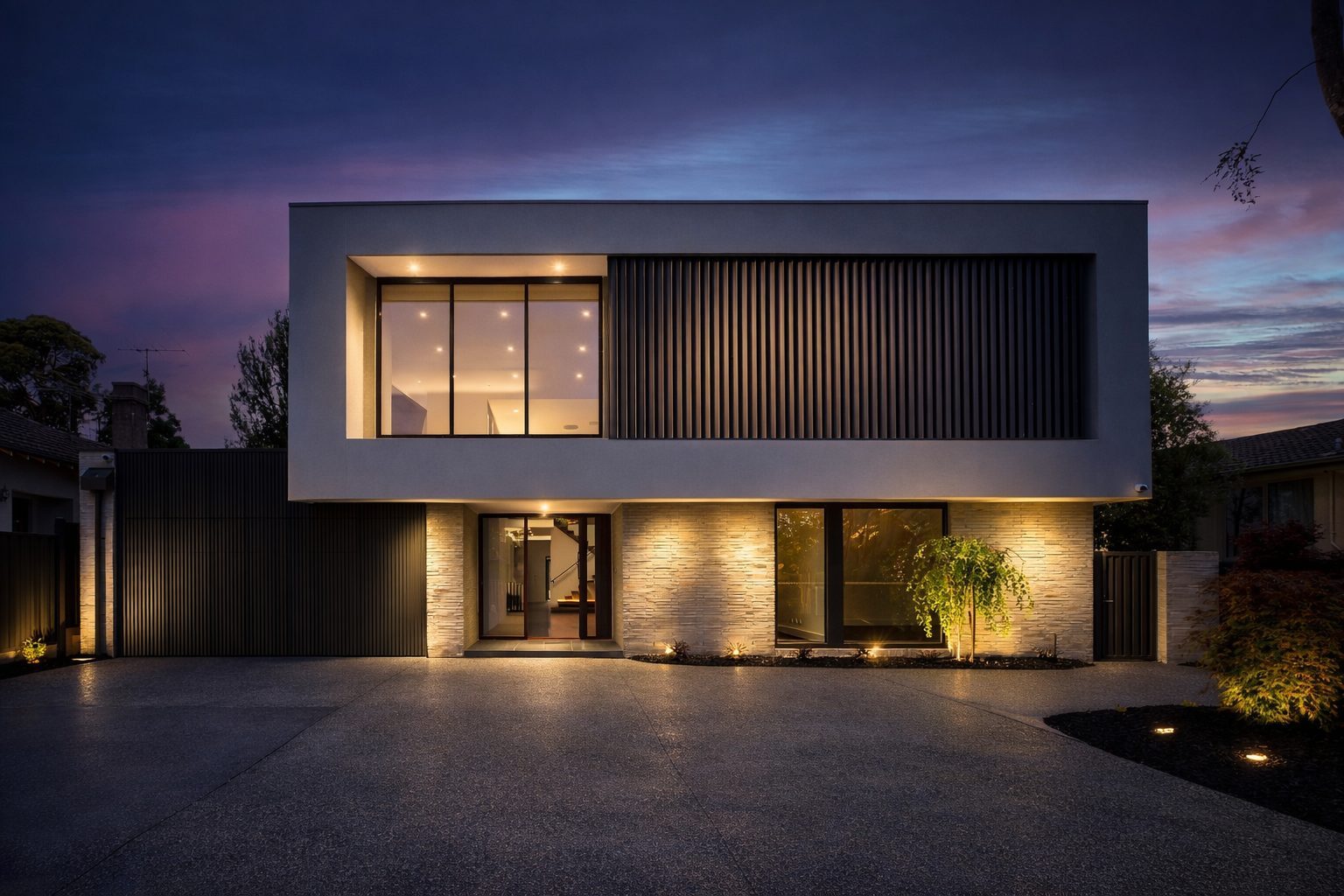 Camberwell custom home facade — clean lines and natural stone