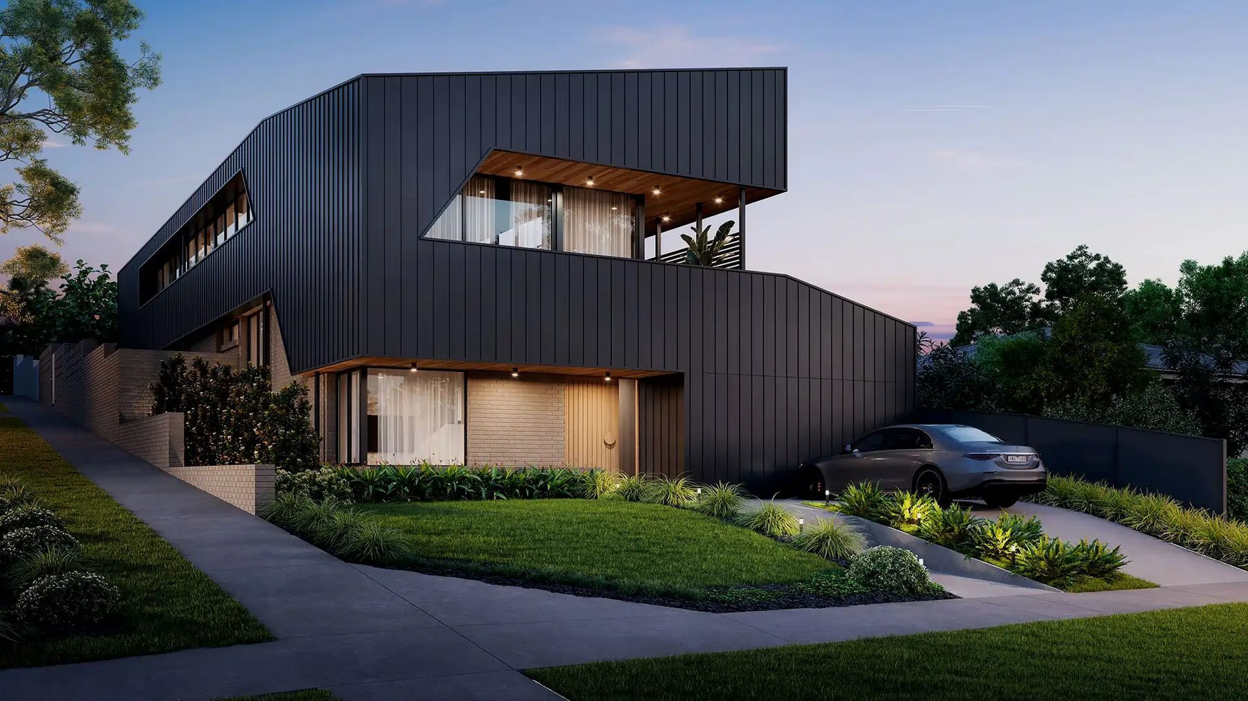 Mont Albert North display home — contemporary facade with timber accents
